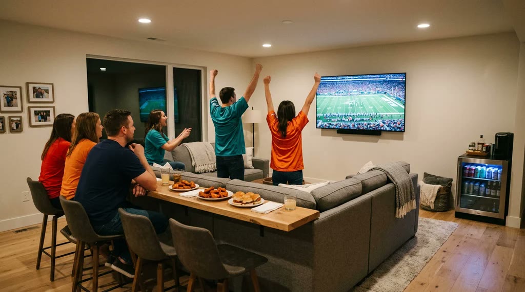 Friends on stools at a bar-height ledge behind a gray sectional, with plates of wings and a beverage fridge, watching football on a big TV