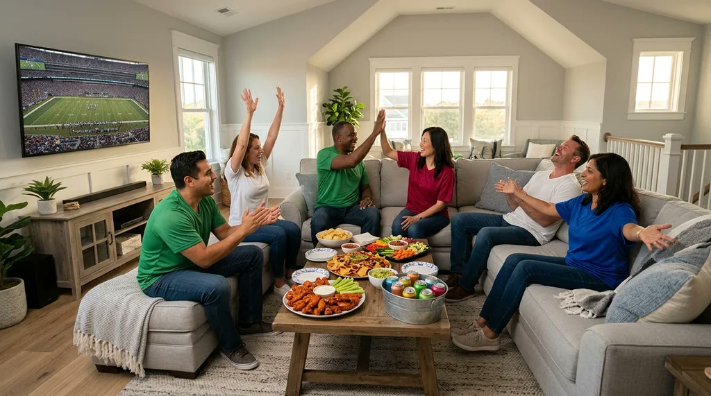 Friends cheering on a sectional in a bright bonus room, with wings, nachos and a veggie tray on the coffee table and a football game on a wall-mounted TV