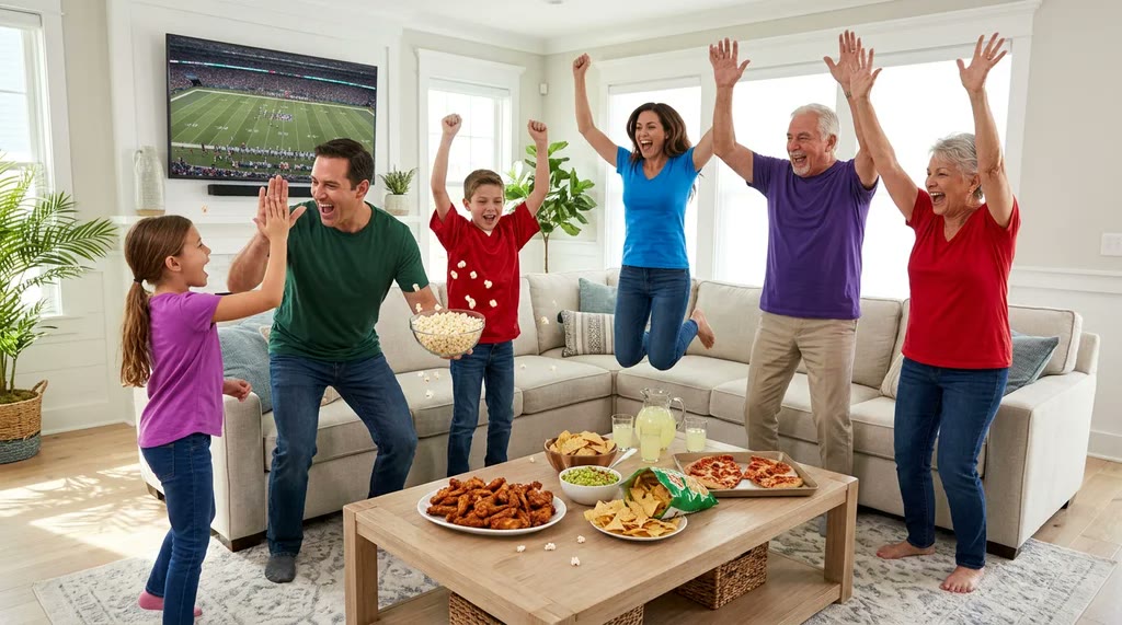 Three generations of a family jumping up to celebrate a touchdown in a bright family room, with snacks on the coffee table