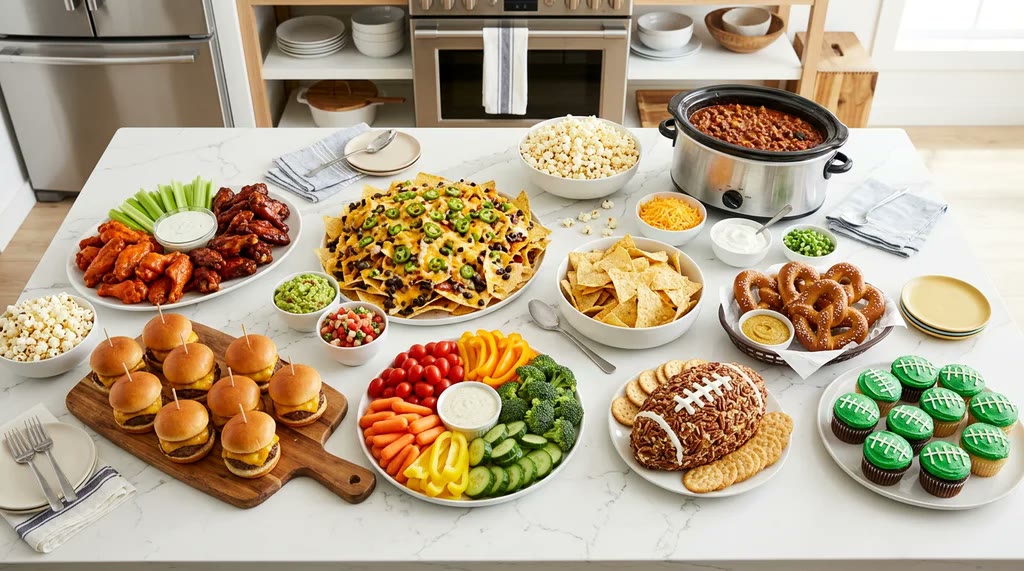 A colorful game-day spread on a kitchen island: wings, loaded nachos, sliders, chili, soft pretzels, a veggie tray and green frosted cupcakes
