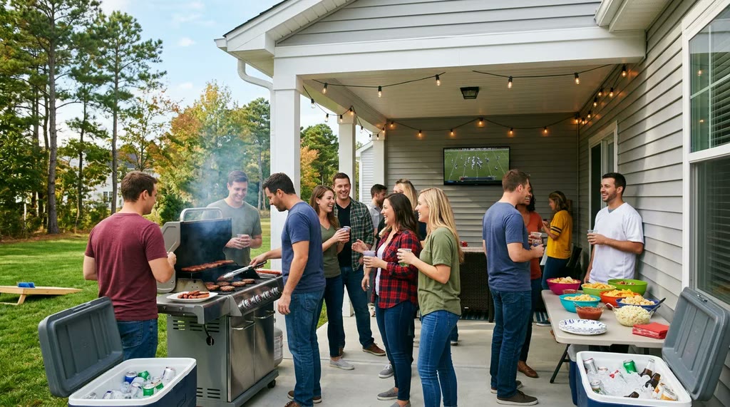 Friends gathered around a grill on a covered patio with string lights, a snack table and a TV showing a football game
