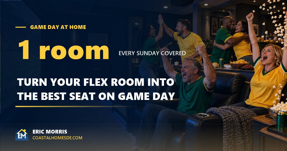 Turn your flex room into the best seat on game day: friends in green and gold jump out of theater recliners to celebrate a win in a home movie room