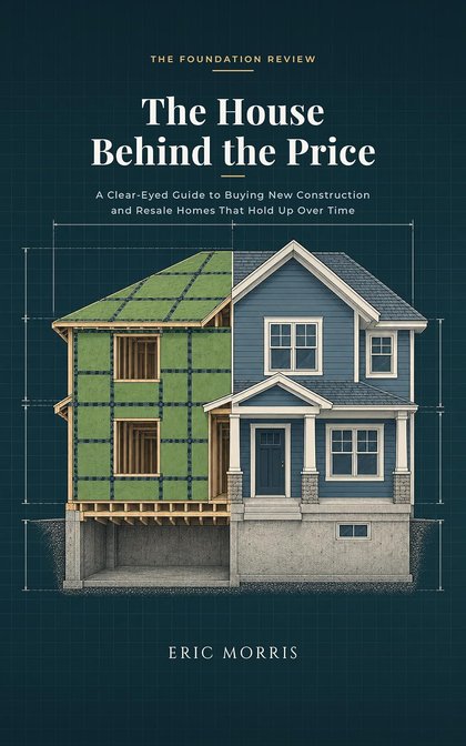 Front cover of The House Behind the Price by Eric Morris: a cutaway house showing framing and green sheathing on one side and the finished exterior on the other