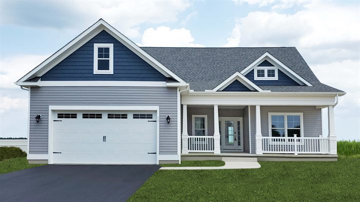 The Vandelay at 70 River Run Boulevard: one-story home with blue siding, front porch and two-car garage